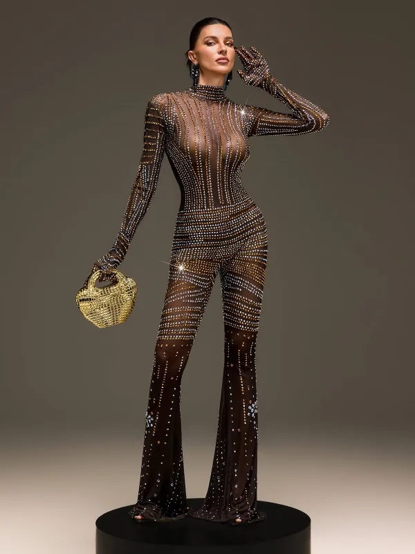 Ryvenor Long Sleeve Rhinestone Mesh Jumpsuit made by Mew Mews