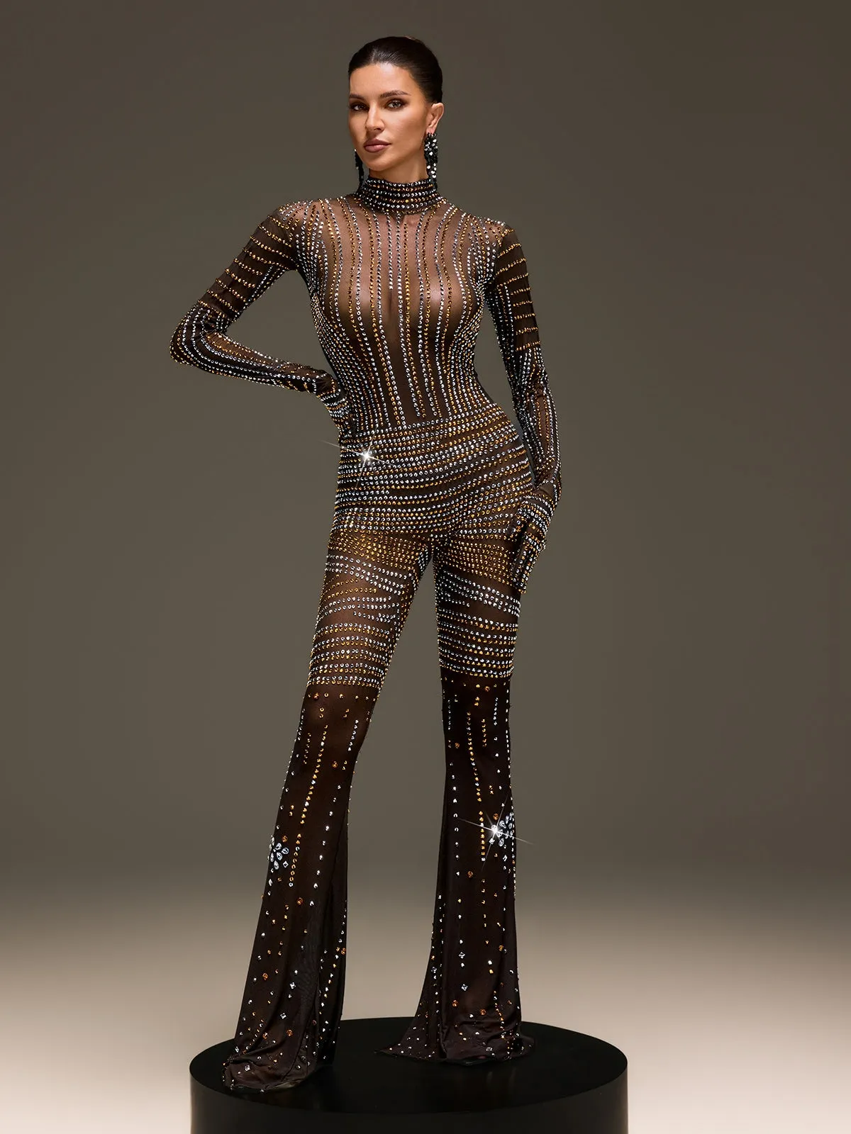 Ryvenor Long Sleeve Rhinestone Mesh Jumpsuit sold by Mew Mews product image thumbnail 3