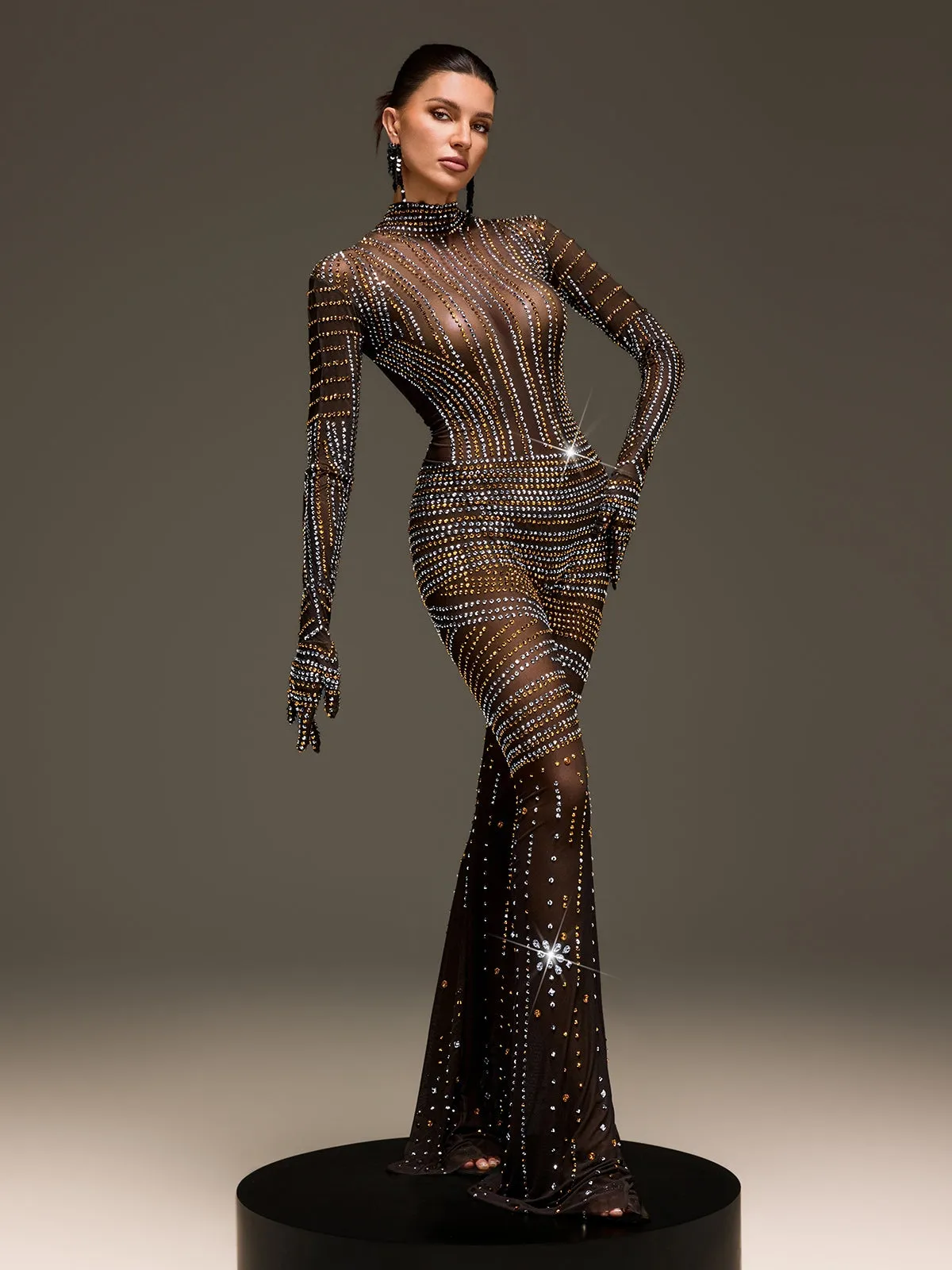Ryvenor Long Sleeve Rhinestone Mesh Jumpsuit sold by Mew Mews product image thumbnail 2