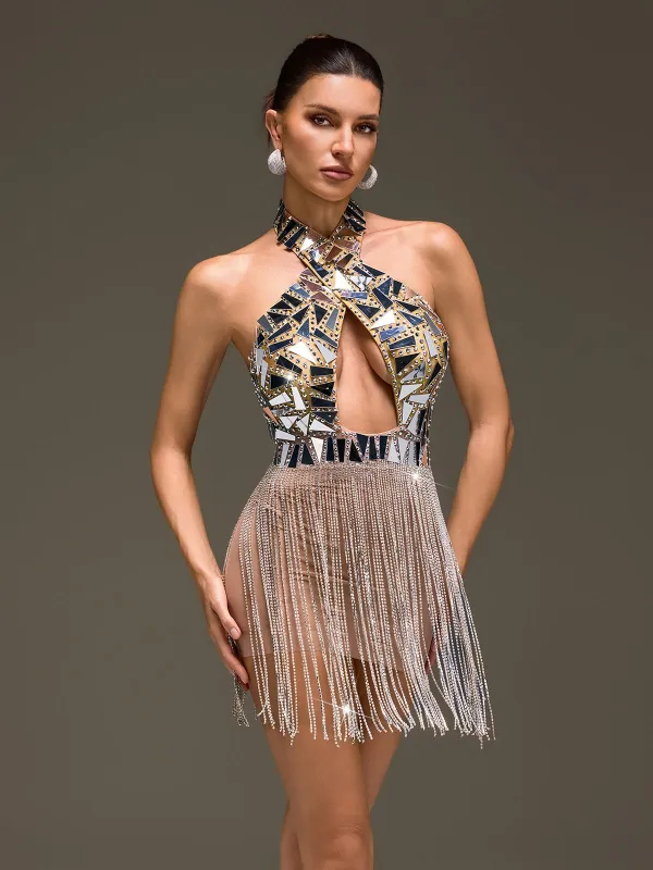 Eldricon Halterneck Acrylic Fringe Mini Dress made by Mew Mews