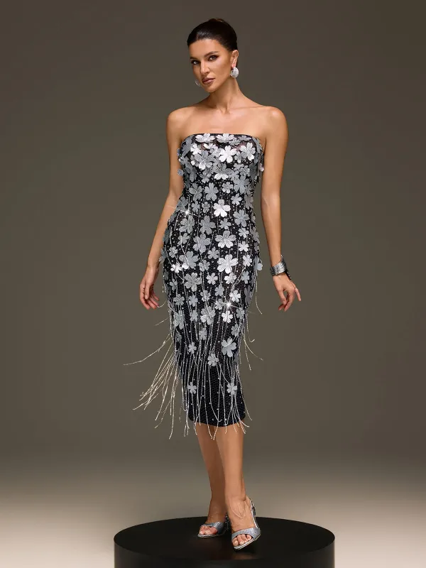 Velcryn Strapless Flower Fringe Midi Dress made by Mew Mews