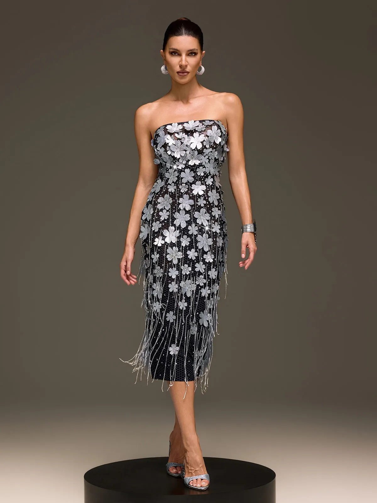 Velcryn Strapless Flower Fringe Midi Dress sold by Mew Mews product image thumbnail 3