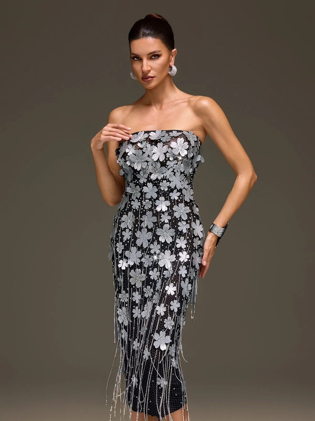 Velcryn Strapless Flower Fringe Midi Dress sold by Mew Mews product image thumbnail 5