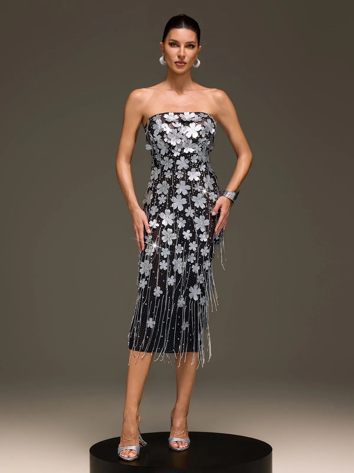 Velcryn Strapless Flower Fringe Midi Dress sold by Mew Mews product image thumbnail 4