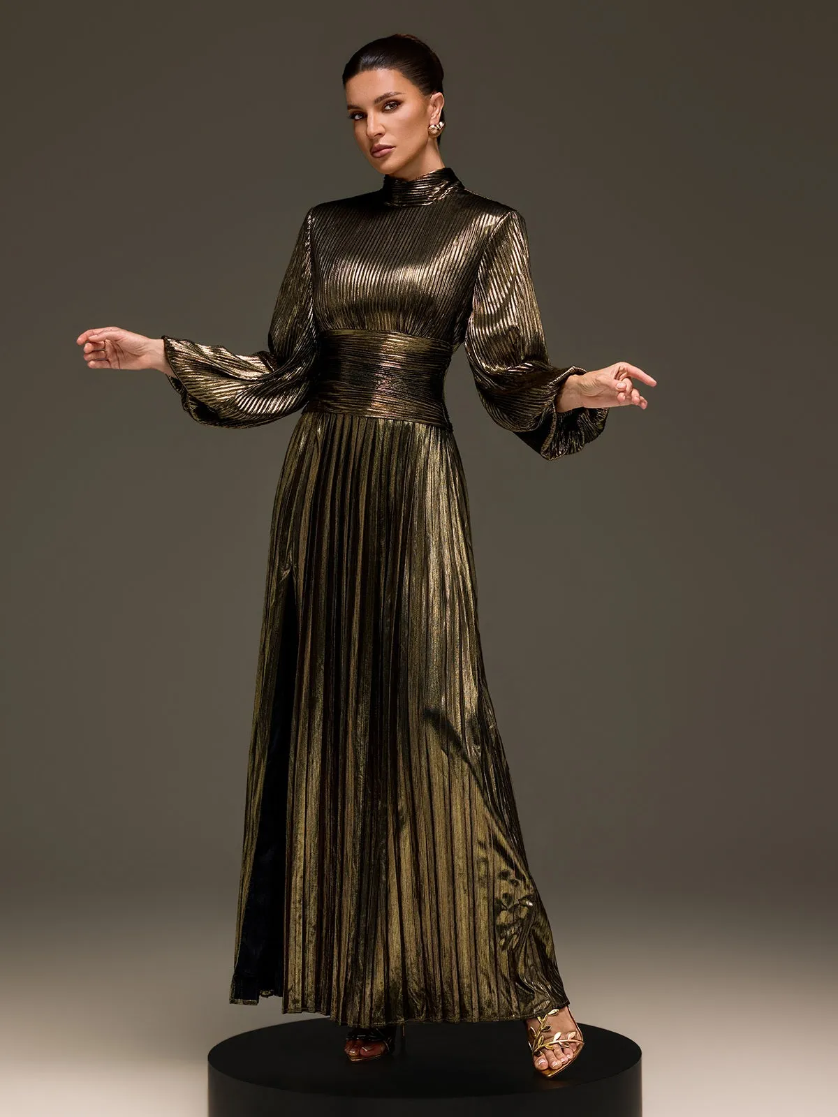 Hamilton Pleated Metallic Split Maxi Dress In Green sold by Mew Mews product image thumbnail 4