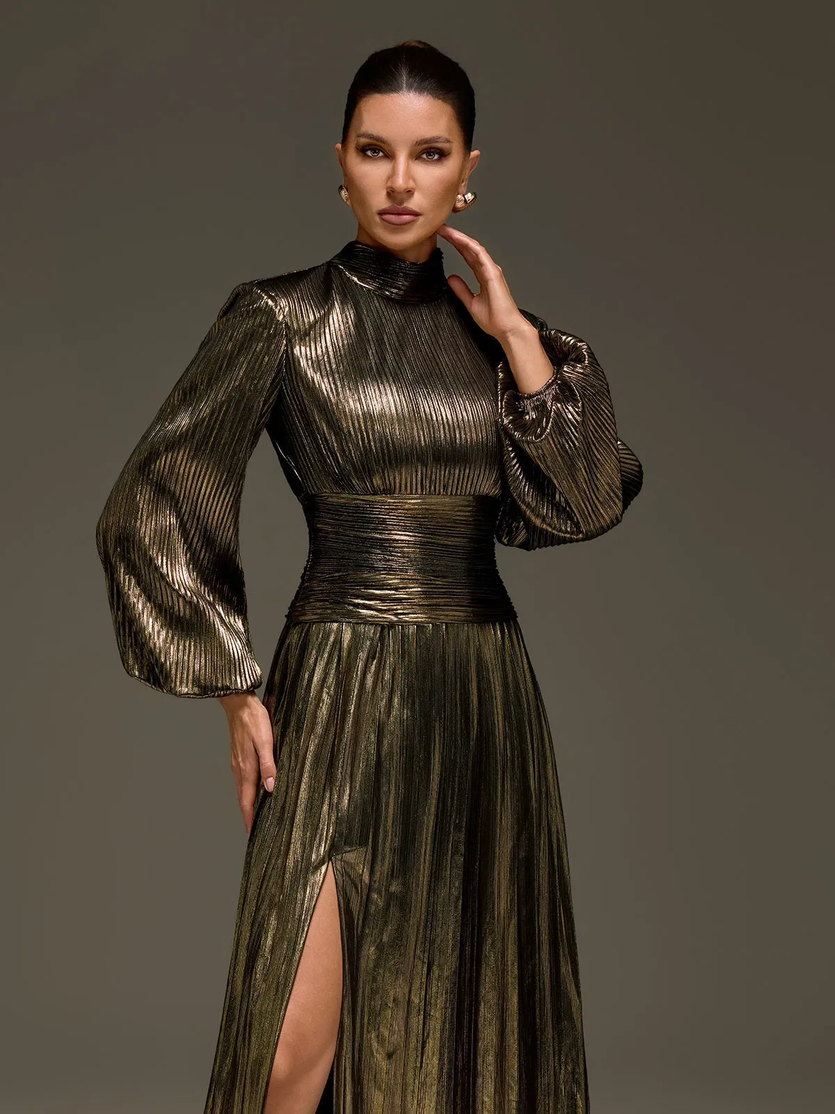 Hamilton Pleated Metallic Split Maxi Dress In Green sold by Mew Mews product image thumbnail 5