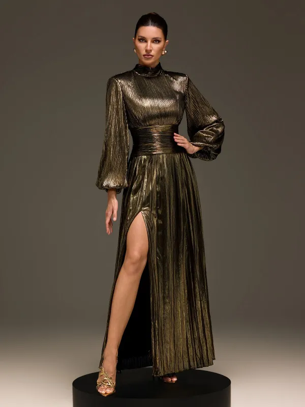 Hamilton Pleated Metallic Split Maxi Dress In Green made by Mew Mews