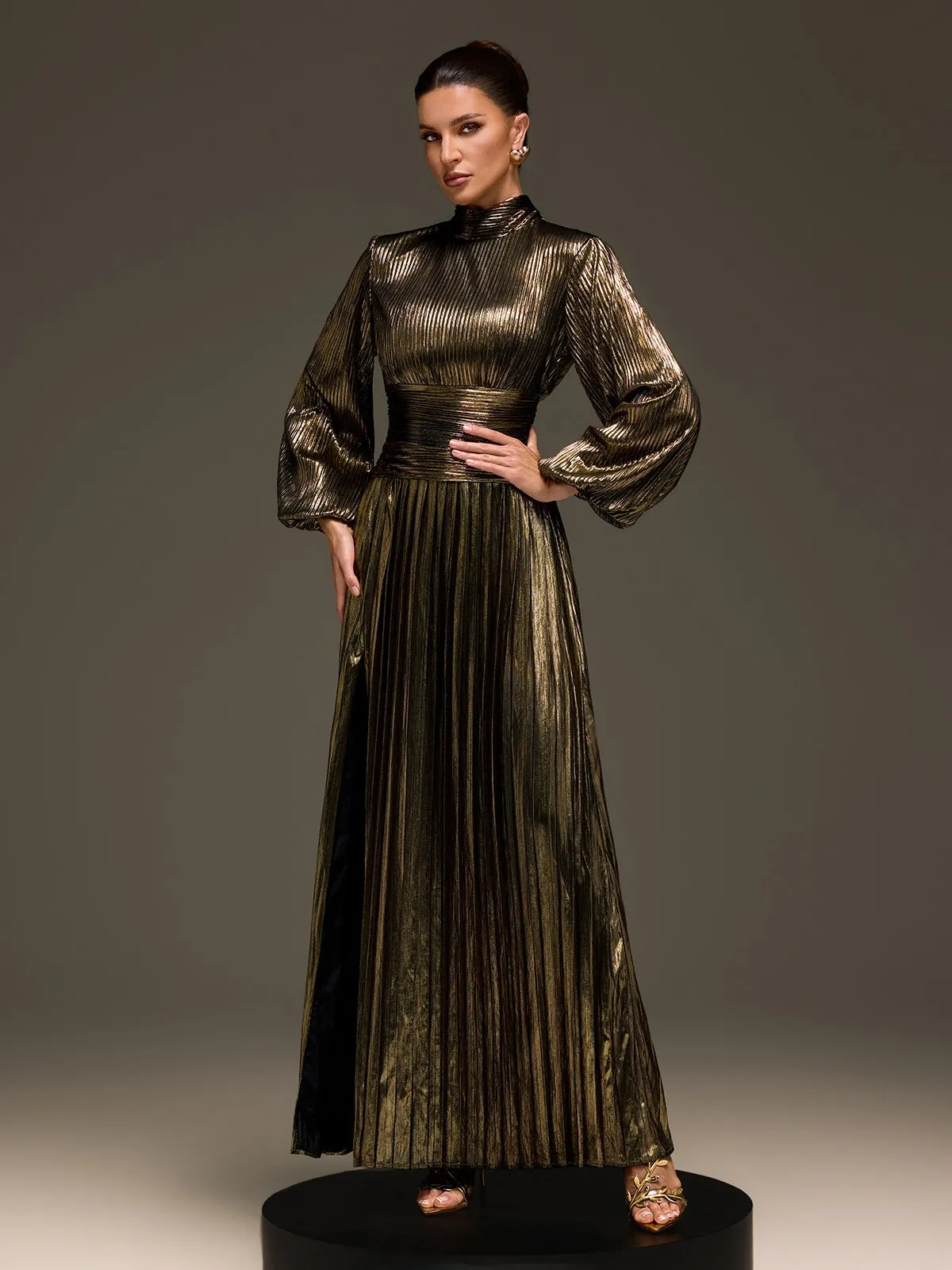 Hamilton Pleated Metallic Split Maxi Dress In Green sold by Mew Mews product image thumbnail 3