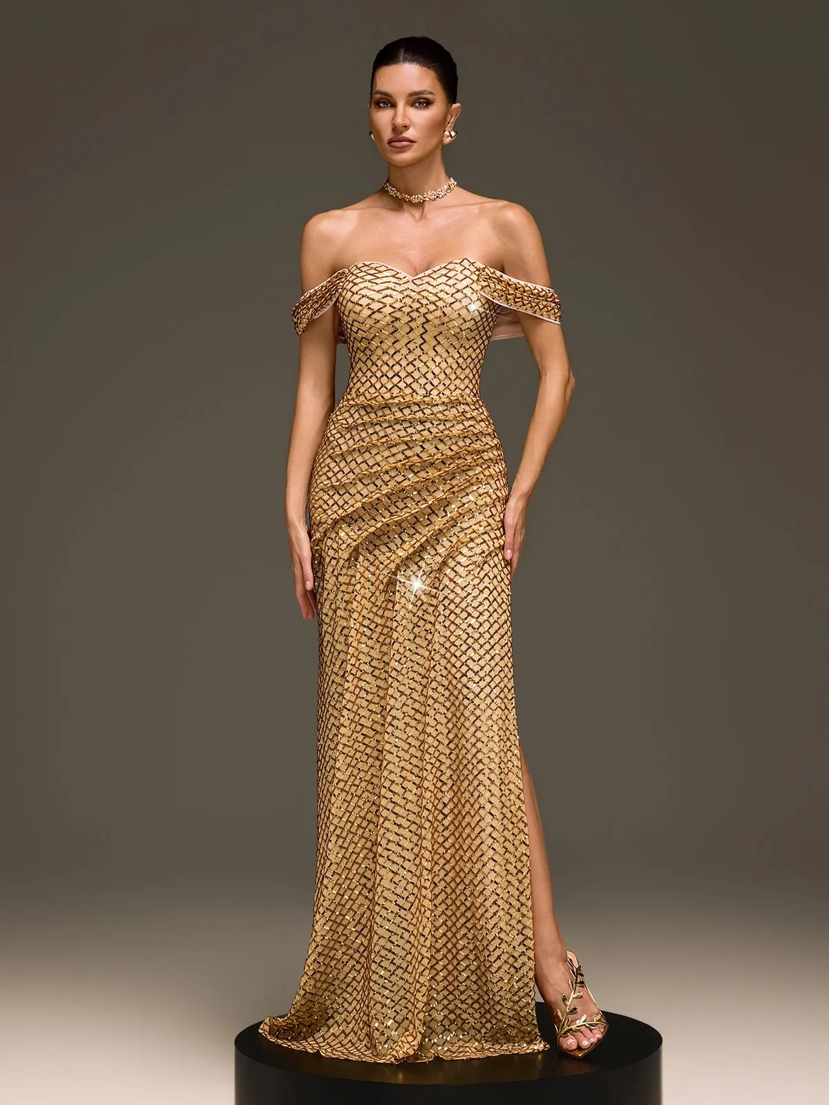 Glein Off Shoulder Sequin Split Maxi Dress sold by Mew Mews