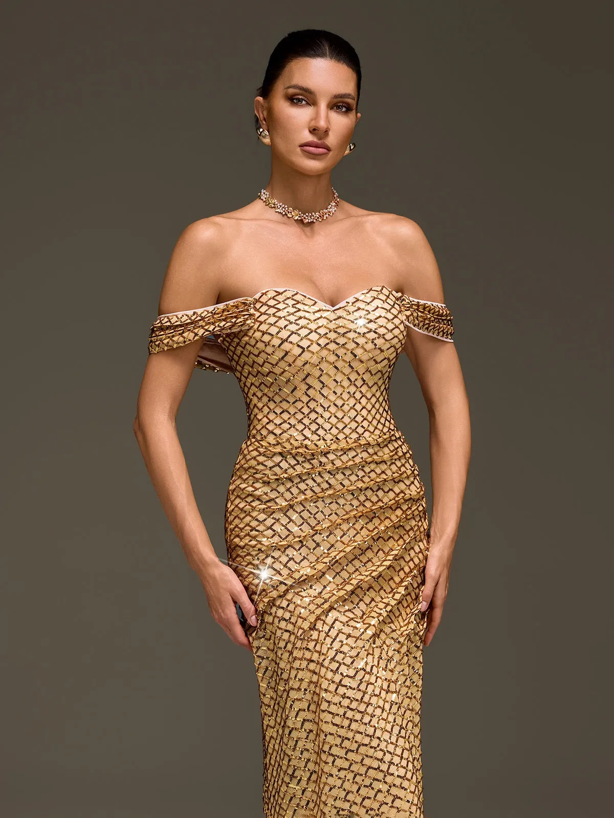 Glein Off Shoulder Sequin Split Maxi Dress sold by Mew Mews product image thumbnail 5
