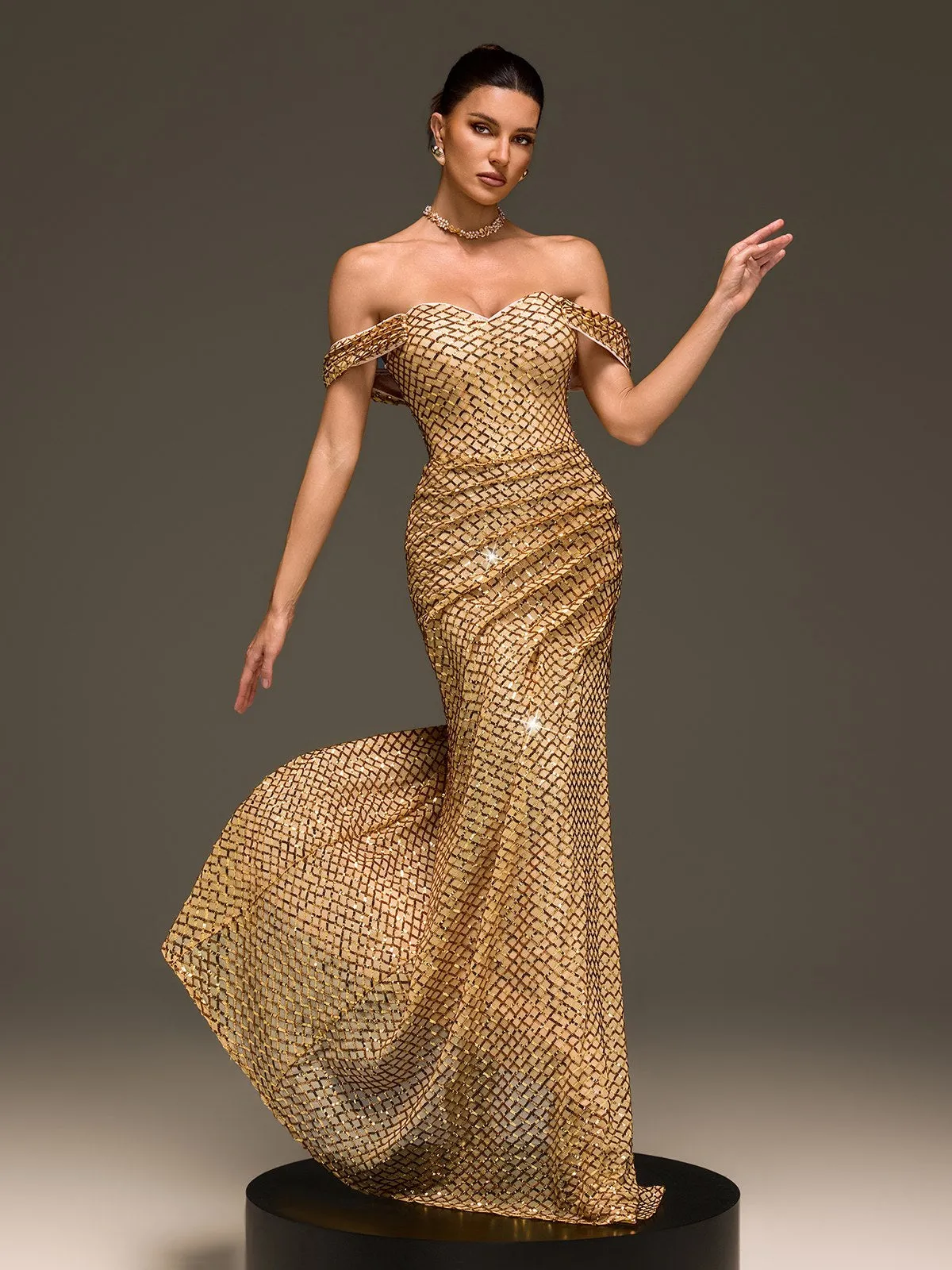 Glein Off Shoulder Sequin Split Maxi Dress sold by Mew Mews product image thumbnail 3