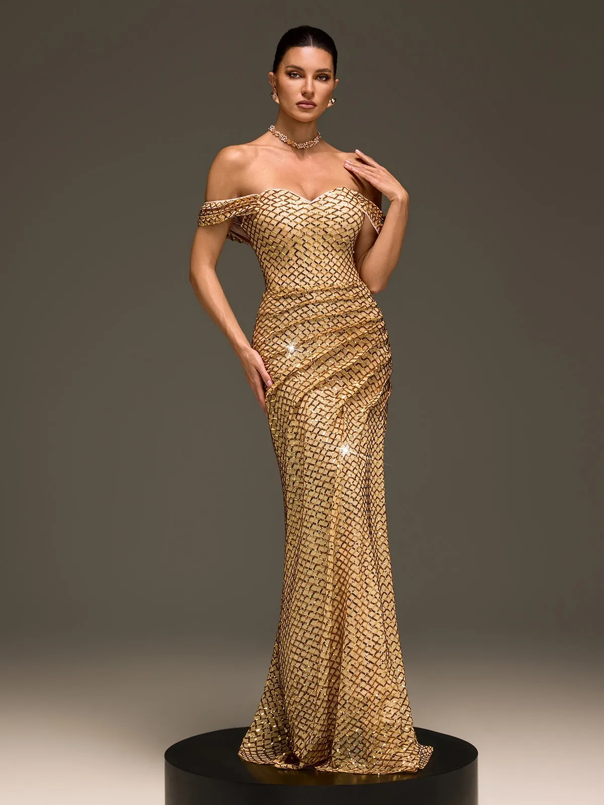 Glein Off Shoulder Sequin Split Maxi Dress sold by Mew Mews product image thumbnail 2