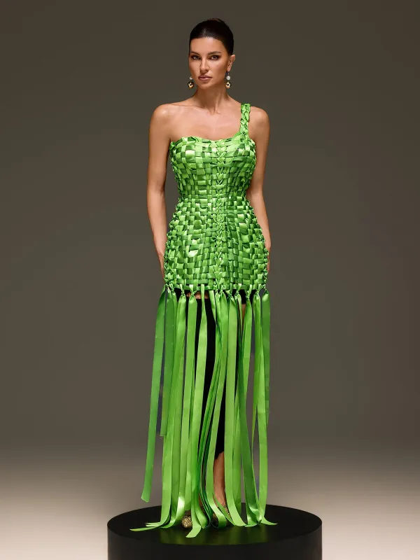 Domna Halterneck Woven Maxi Dress In Green made by Mew Mews