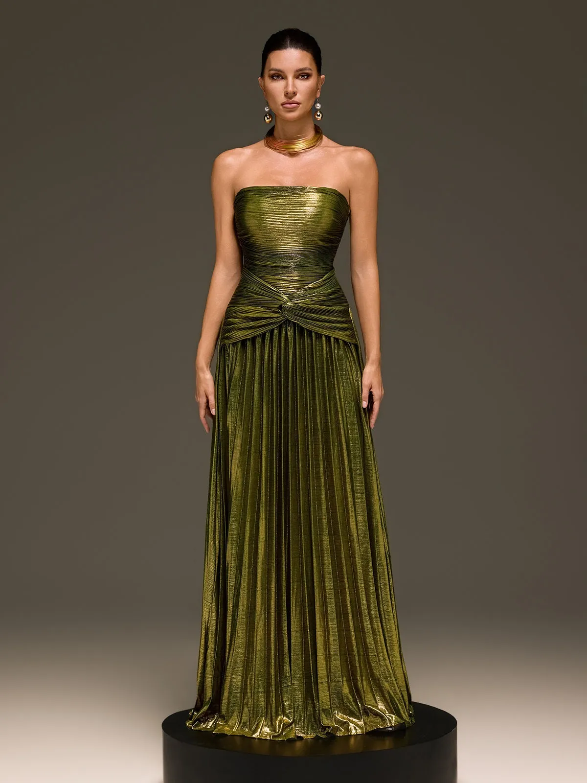 Laxory Strapless Pleated Metallic Maxi Dress In Gold sold by Mew Mews product image thumbnail 5