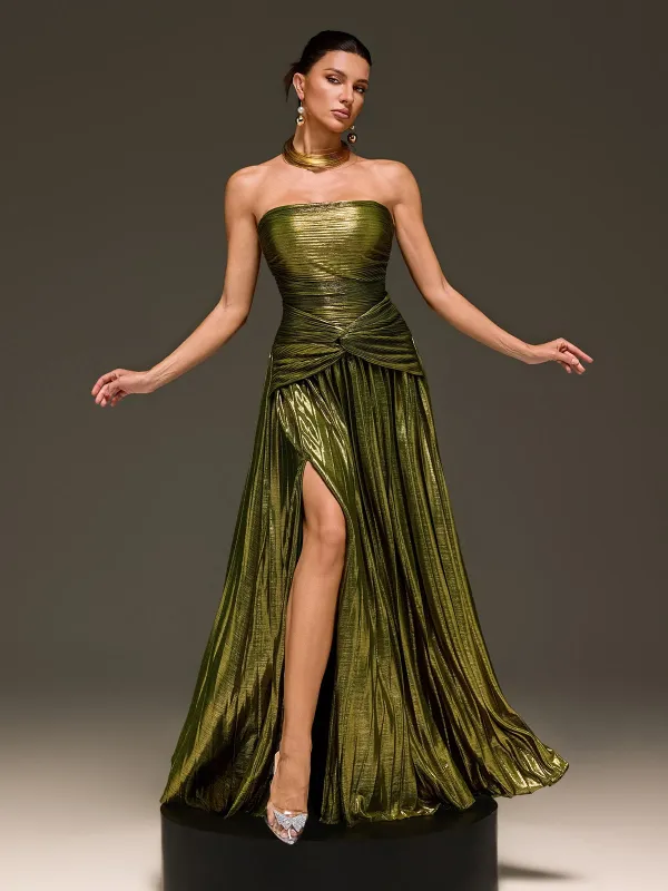 Laxory Strapless Pleated Metallic Maxi Dress In Gold made by Mew Mews