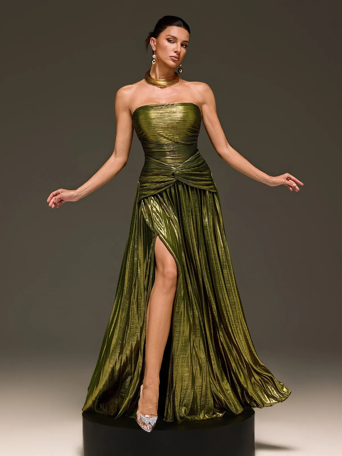Laxory Strapless Pleated Metallic Maxi Dress In Gold sold by Mew Mews