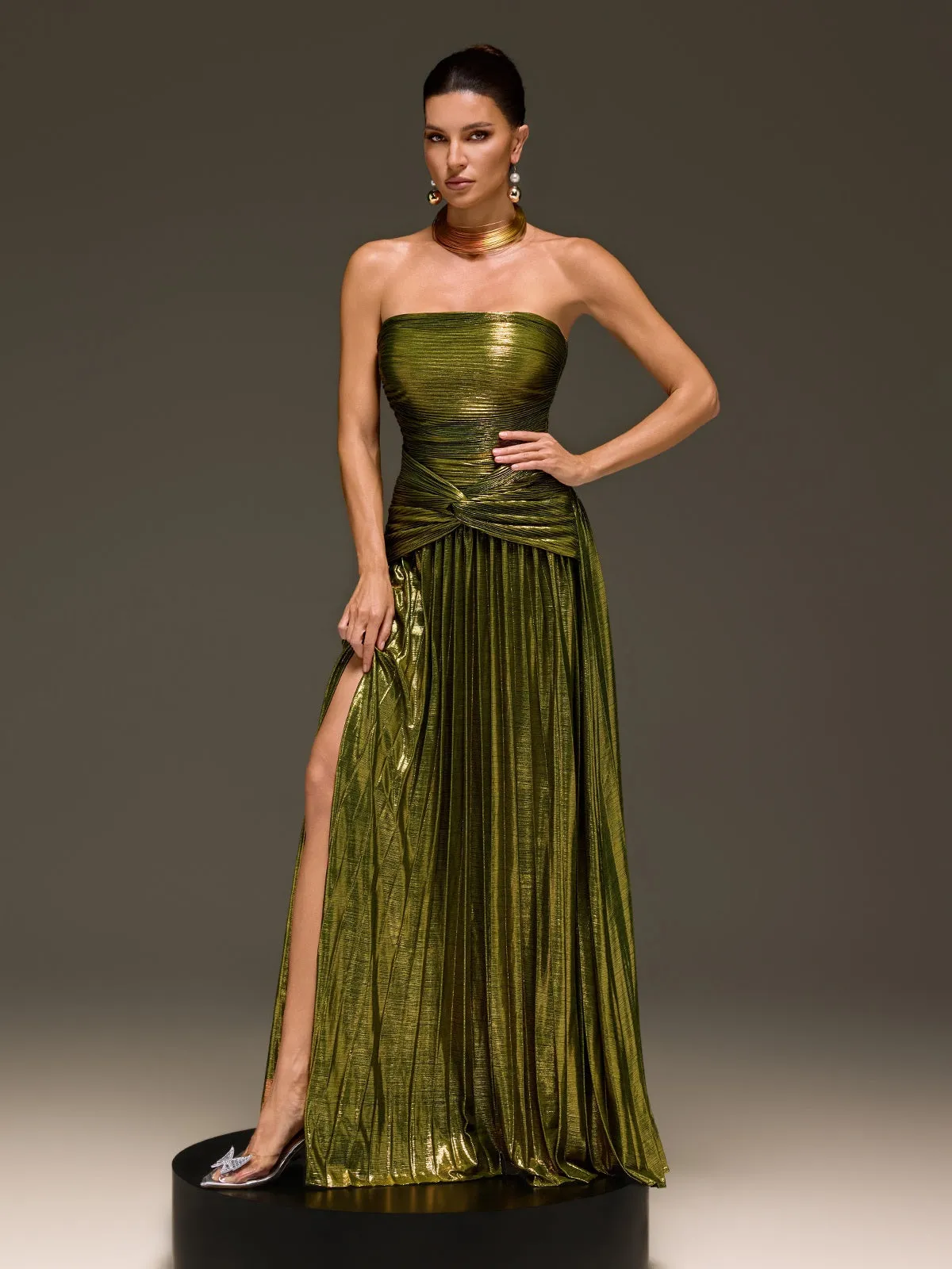 Laxory Strapless Pleated Metallic Maxi Dress In Gold sold by Mew Mews product image thumbnail 4