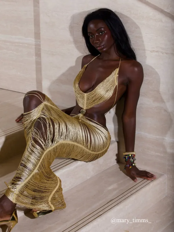 Taldrex Backless Fringe Cutout Maxi Dress In Gold made by Mew Mews