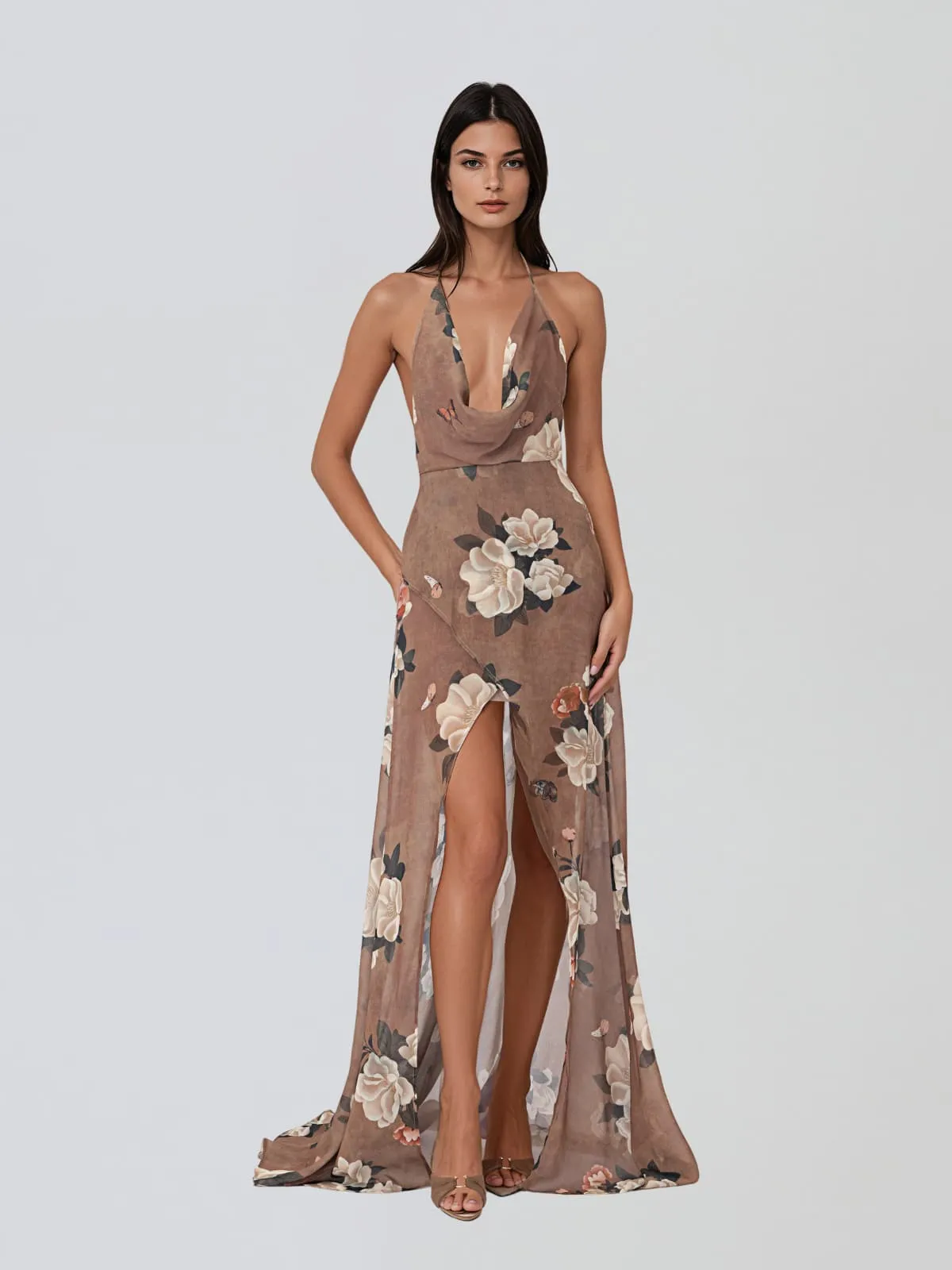 Yavira Cowl Neck Floral Split Maxi Dress sold by Mew Mews