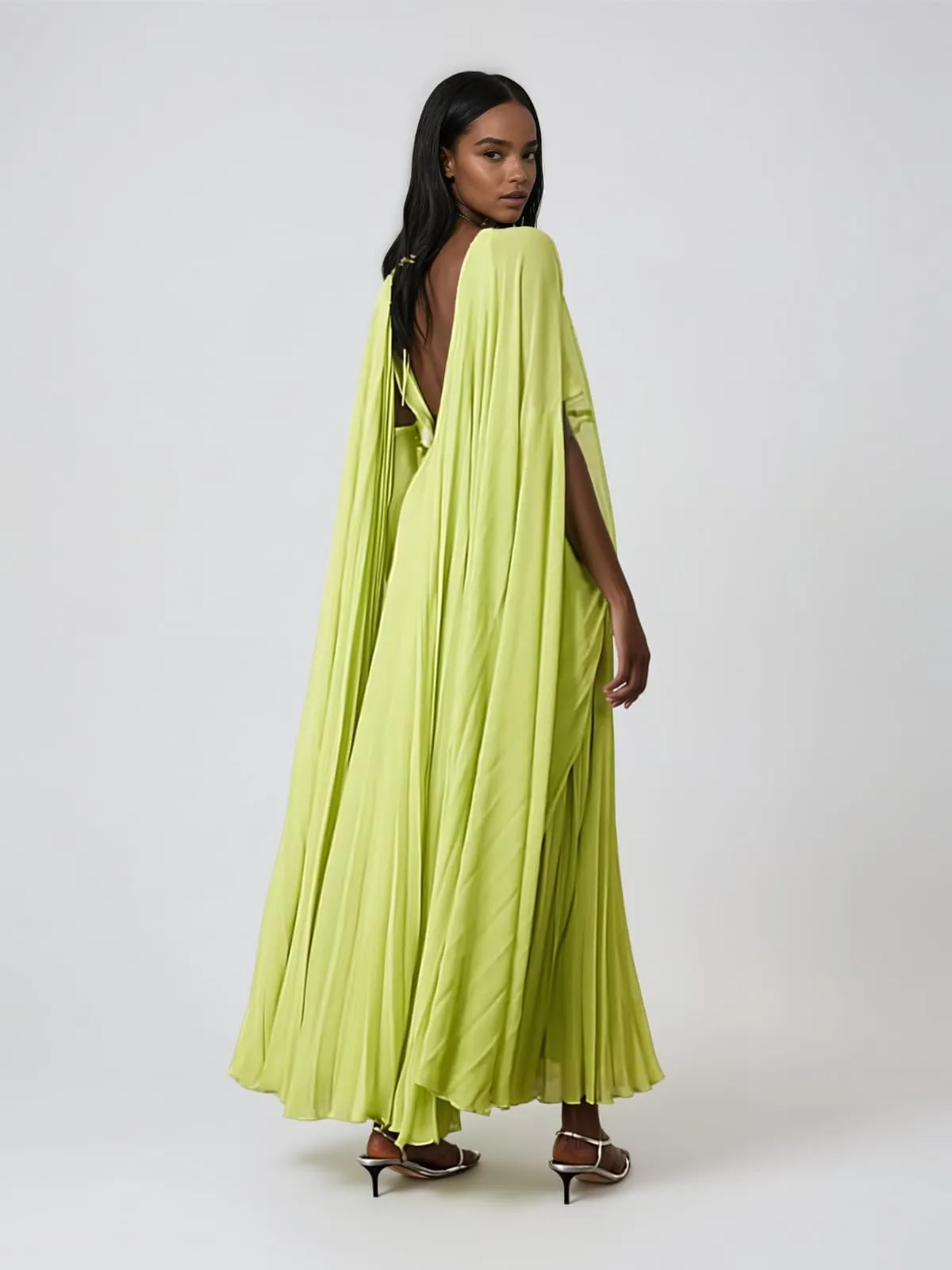 Lorveth Cape Pleated Maxi Dress In Chartreuse sold by Mew Mews product image thumbnail 3
