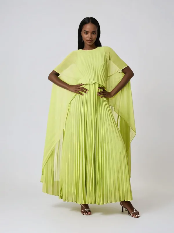 Lorveth Cape Pleated Maxi Dress In Chartreuse made by Mew Mews