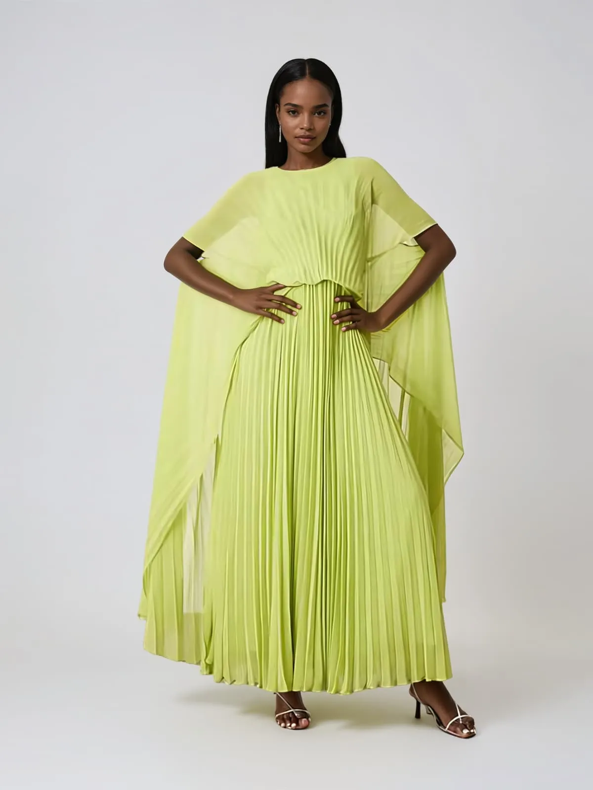 Lorveth Cape Pleated Maxi Dress In Chartreuse sold by Mew Mews