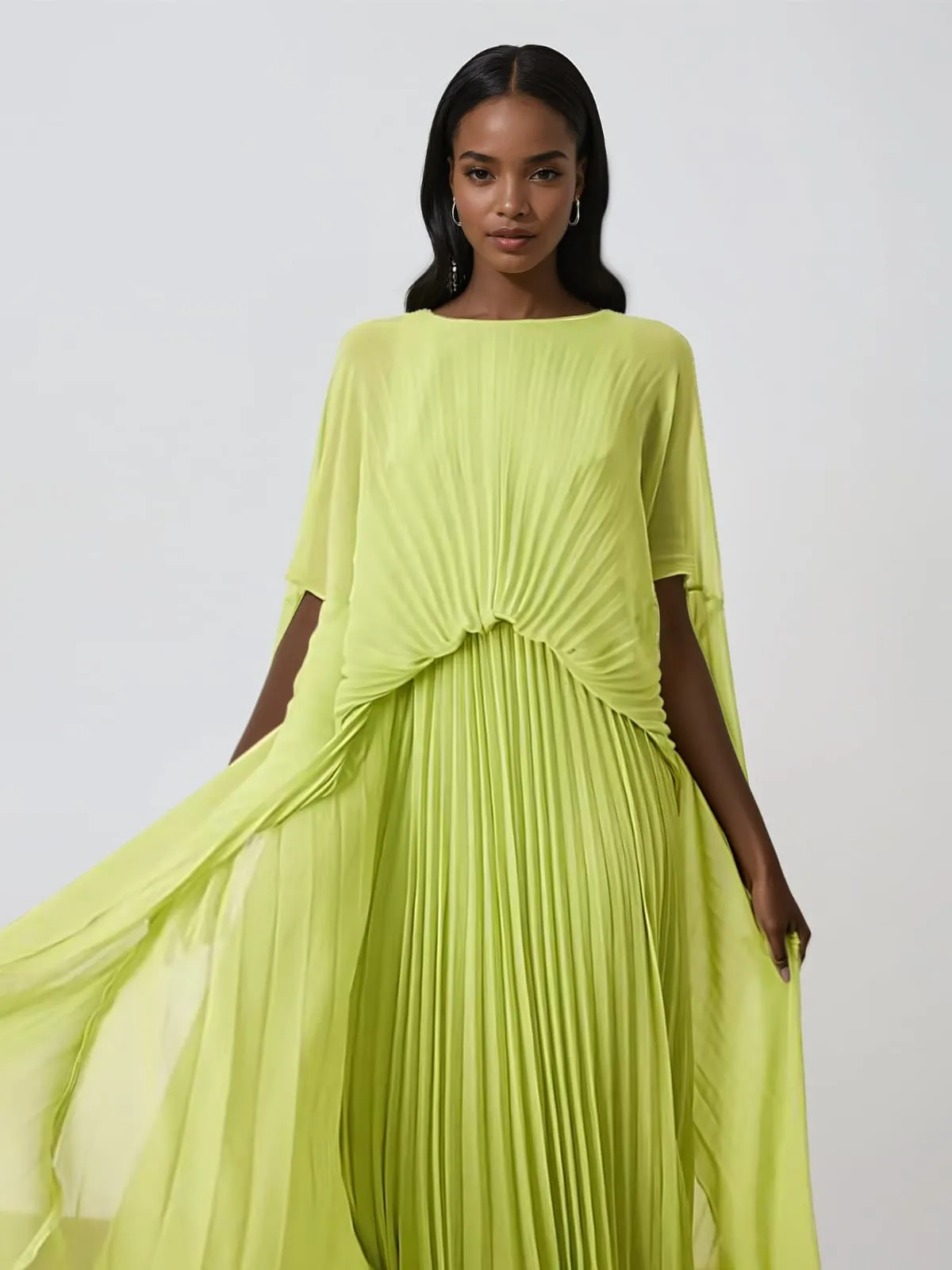 Lorveth Cape Pleated Maxi Dress In Chartreuse sold by Mew Mews product image thumbnail 2
