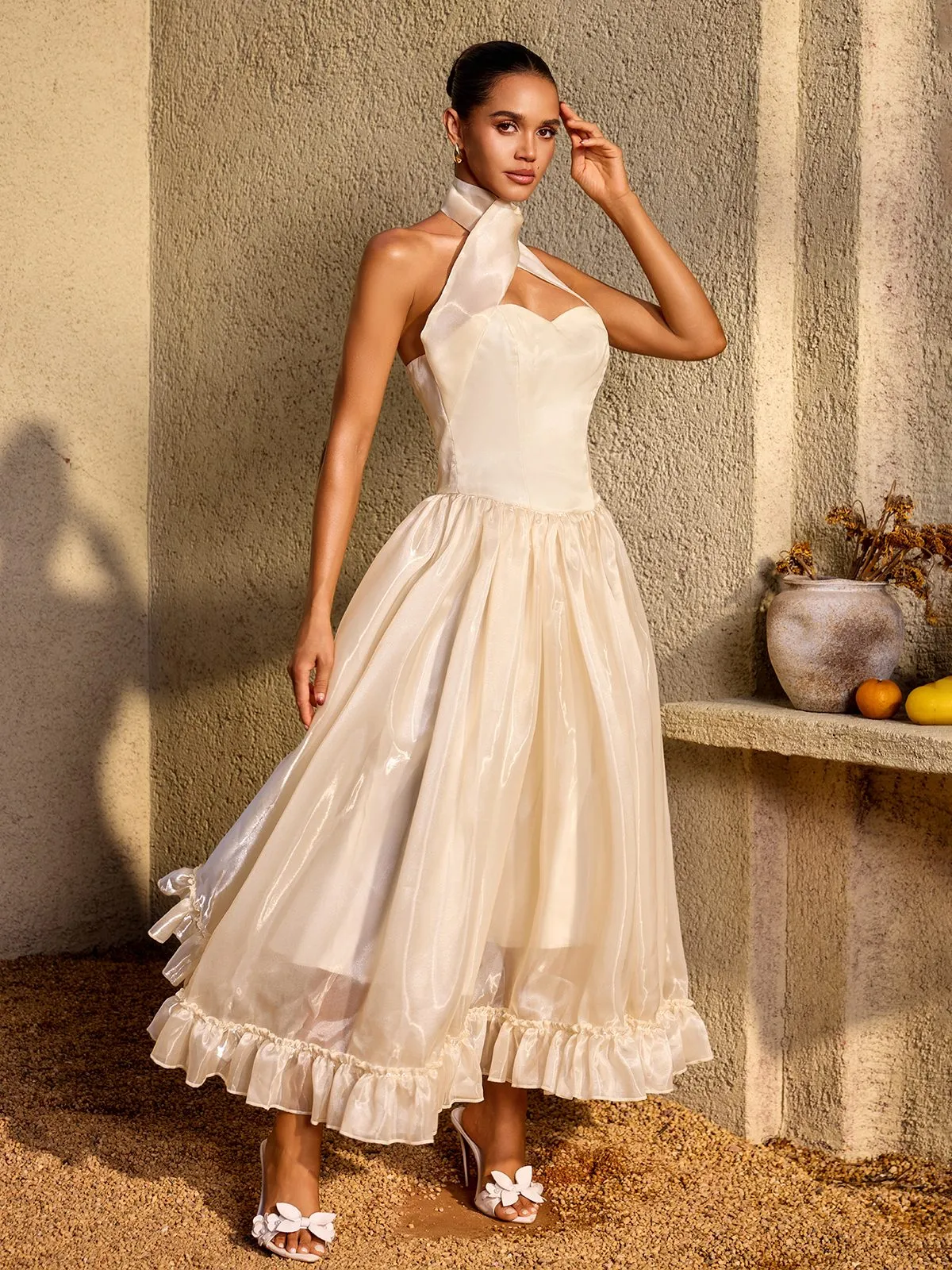 Zorvalen Halterneck Lace Up Flared Maxi Dress sold by Mew Mews product image thumbnail 4