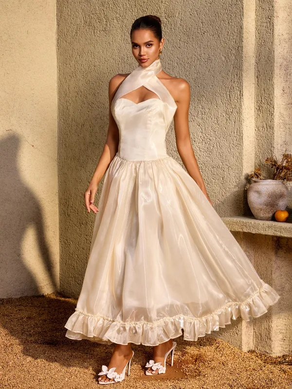 Zorvalen Halterneck Lace Up Flared Maxi Dress made by Mew Mews