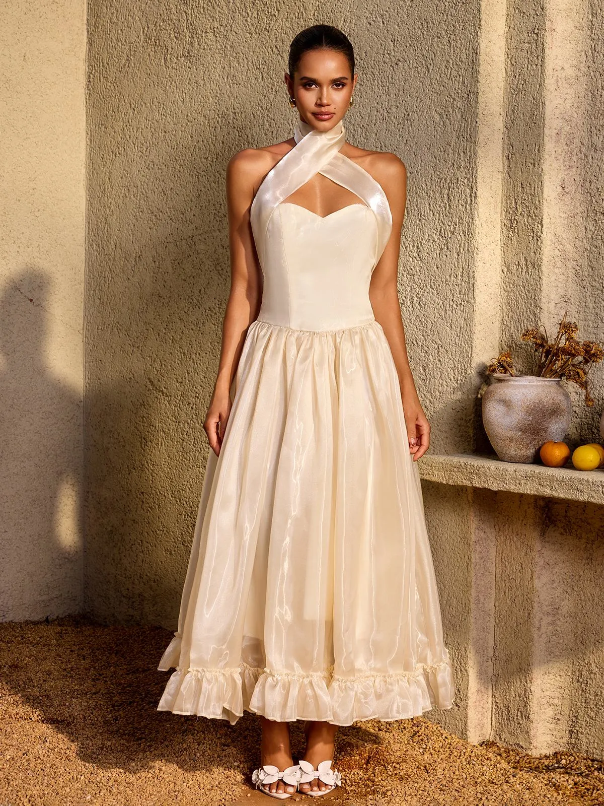 Zorvalen Halterneck Lace Up Flared Maxi Dress sold by Mew Mews product image thumbnail 2