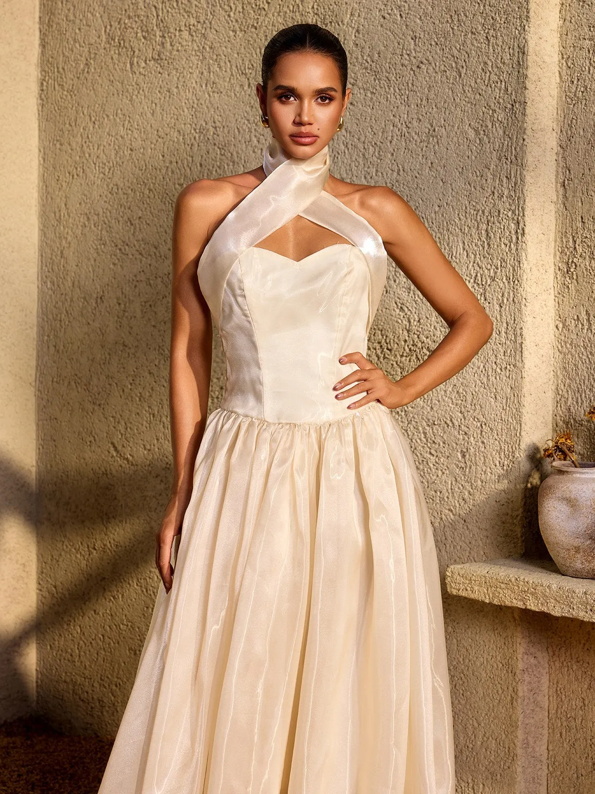 Zorvalen Halterneck Lace Up Flared Maxi Dress sold by Mew Mews product image thumbnail 5