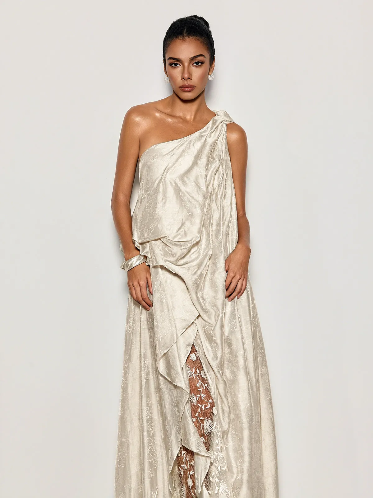 Czelaw One Shoulder Lace Maxi Dress In White sold by Mew Mews product image thumbnail 5