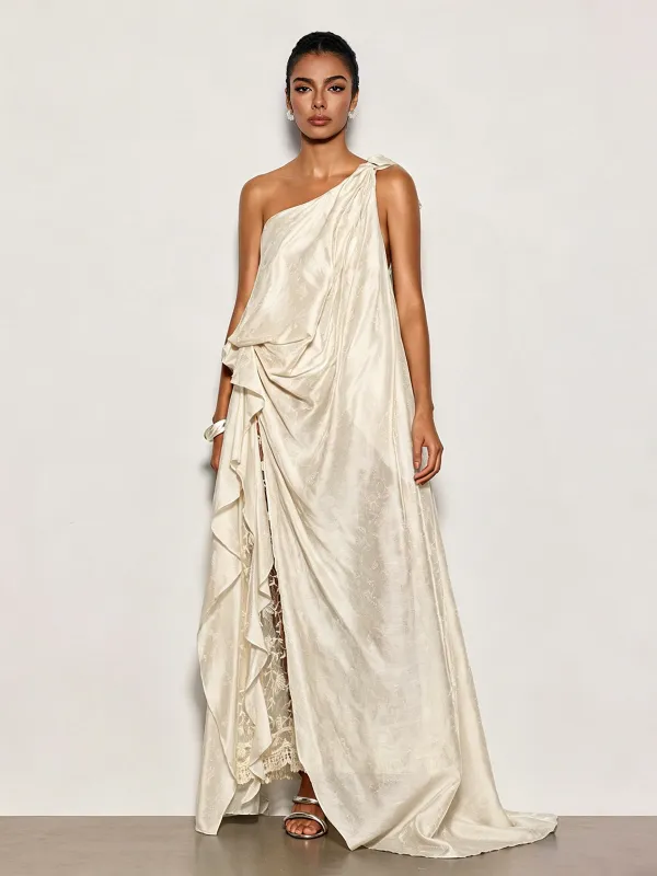 Czelaw One Shoulder Lace Maxi Dress In White made by Mew Mews
