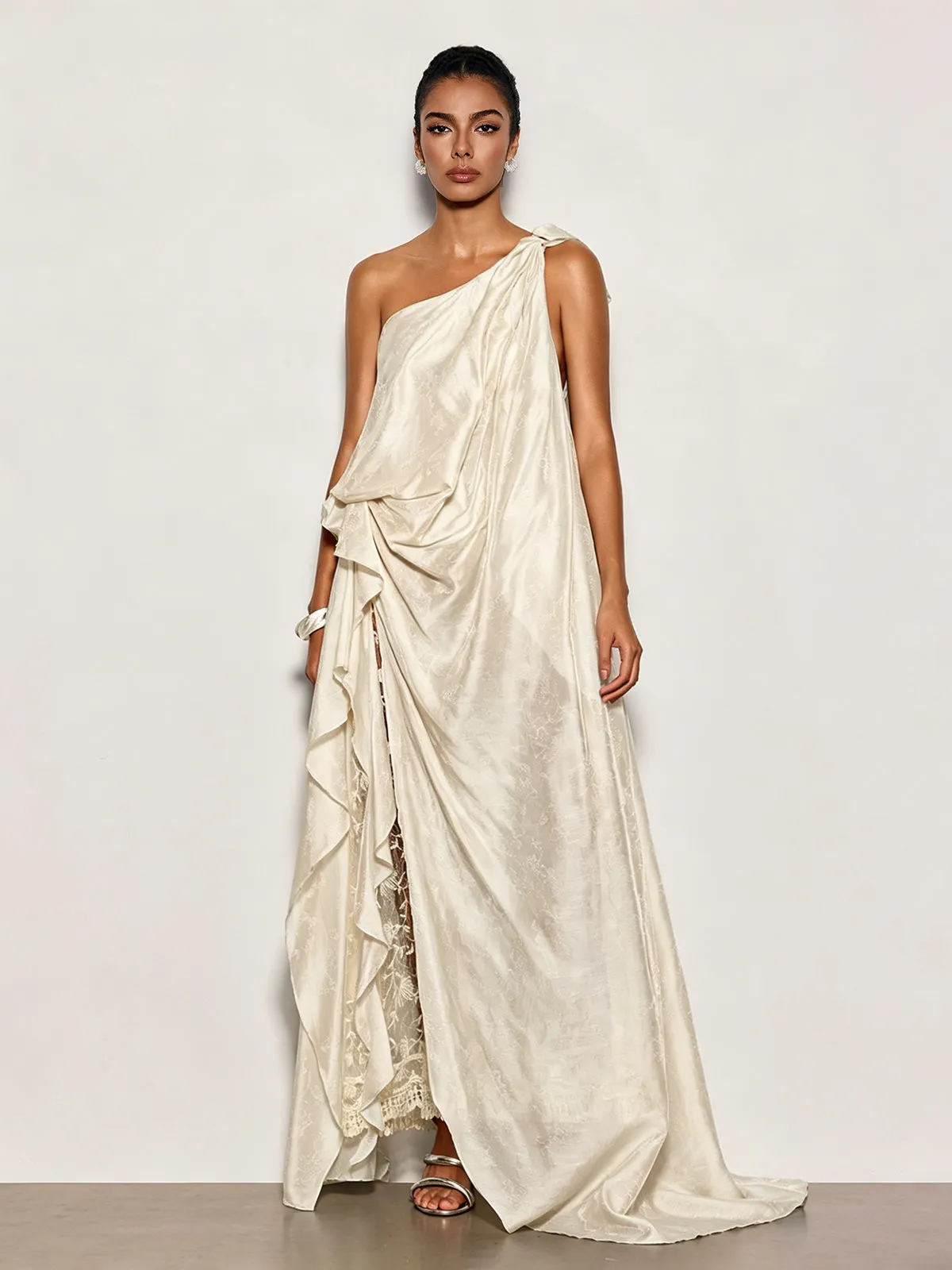 Czelaw One Shoulder Lace Maxi Dress In White sold by Mew Mews