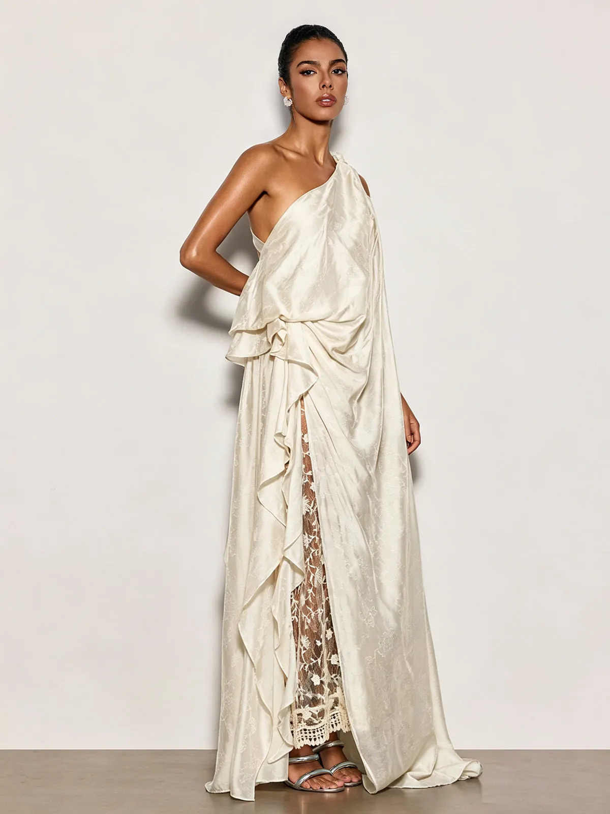 Czelaw One Shoulder Lace Maxi Dress In White sold by Mew Mews product image thumbnail 4