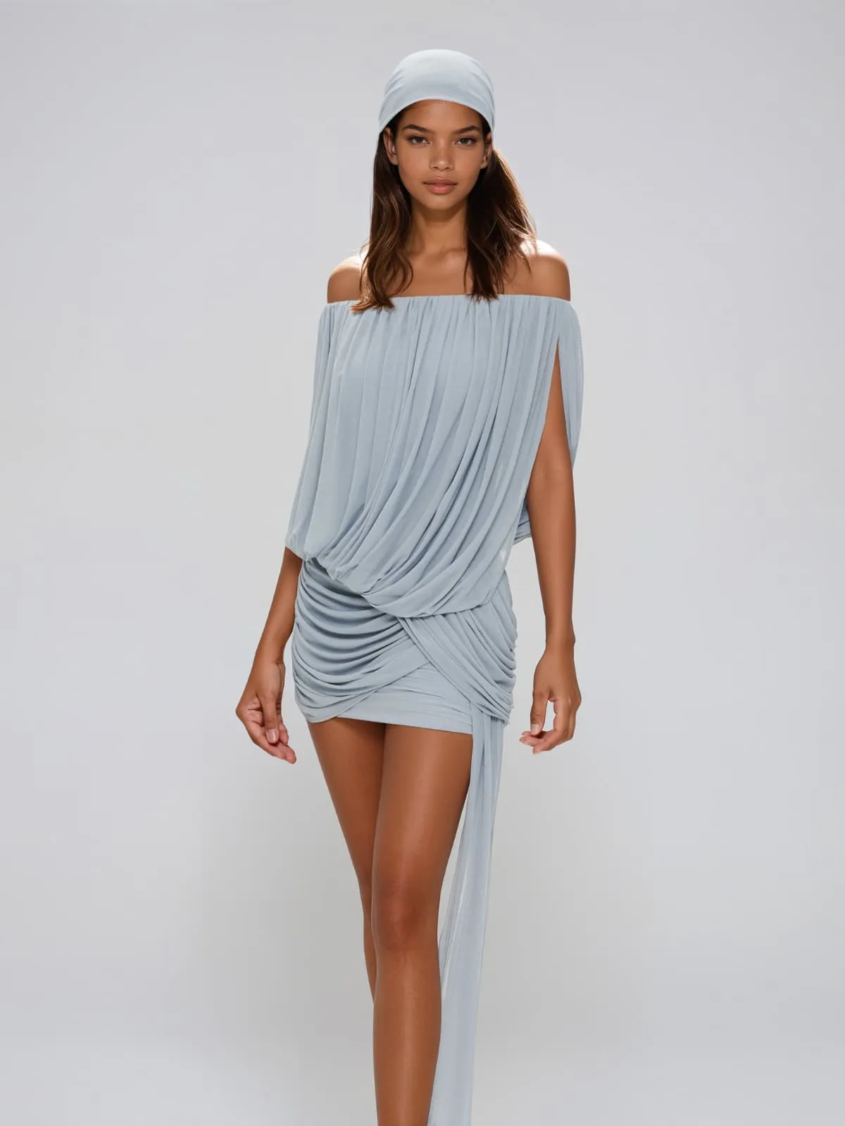 Beltharic Off Shoulder Draped Mini Dress In Blue sold by Mew Mews product image thumbnail 2