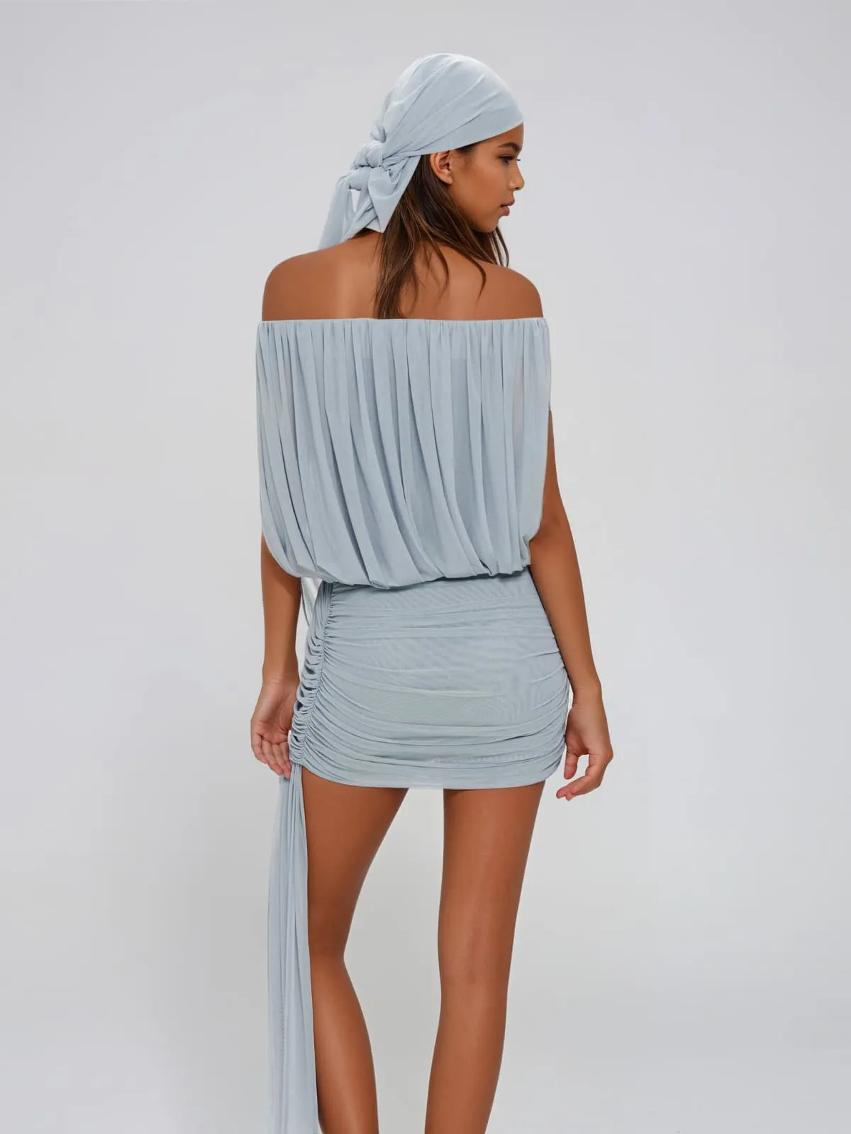 Beltharic Off Shoulder Draped Mini Dress In Blue sold by Mew Mews product image thumbnail 4