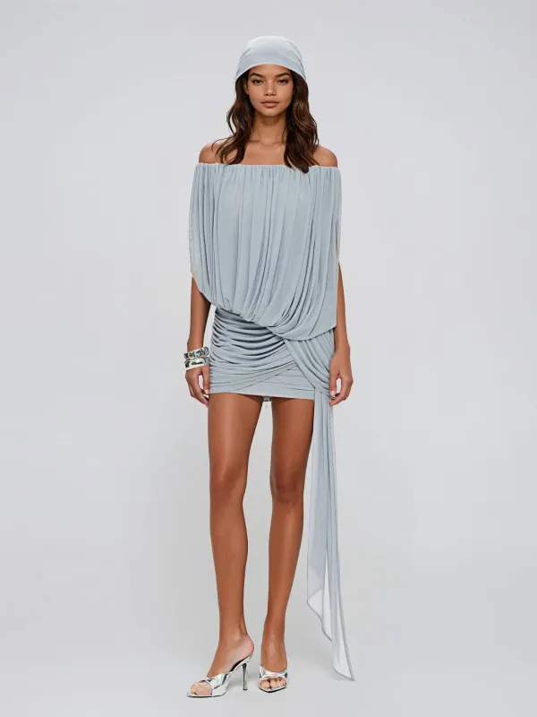 Beltharic Off Shoulder Draped Mini Dress In Blue made by Mew Mews