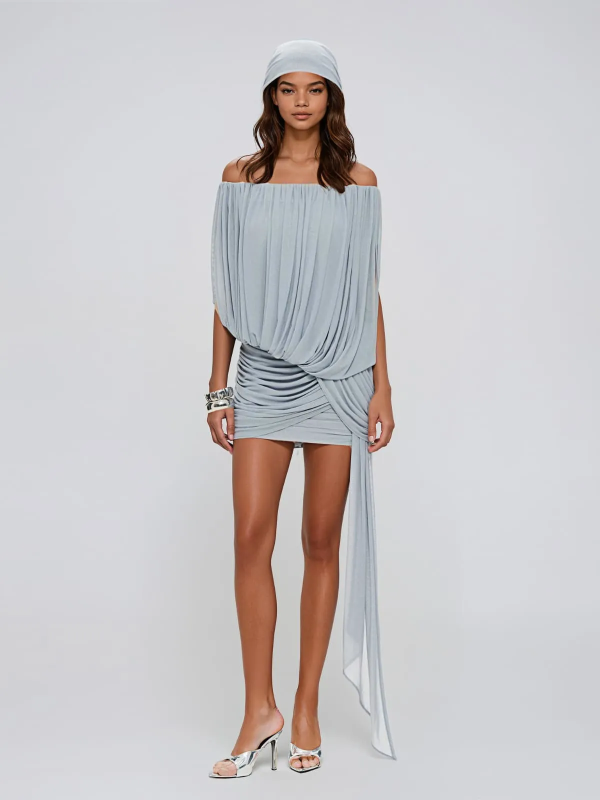 Beltharic Off Shoulder Draped Mini Dress In Blue sold by Mew Mews