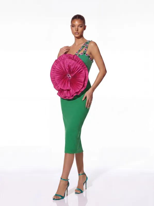 Helioric One Shoulder Flower Crystal Midi Dress made by Mew Mews