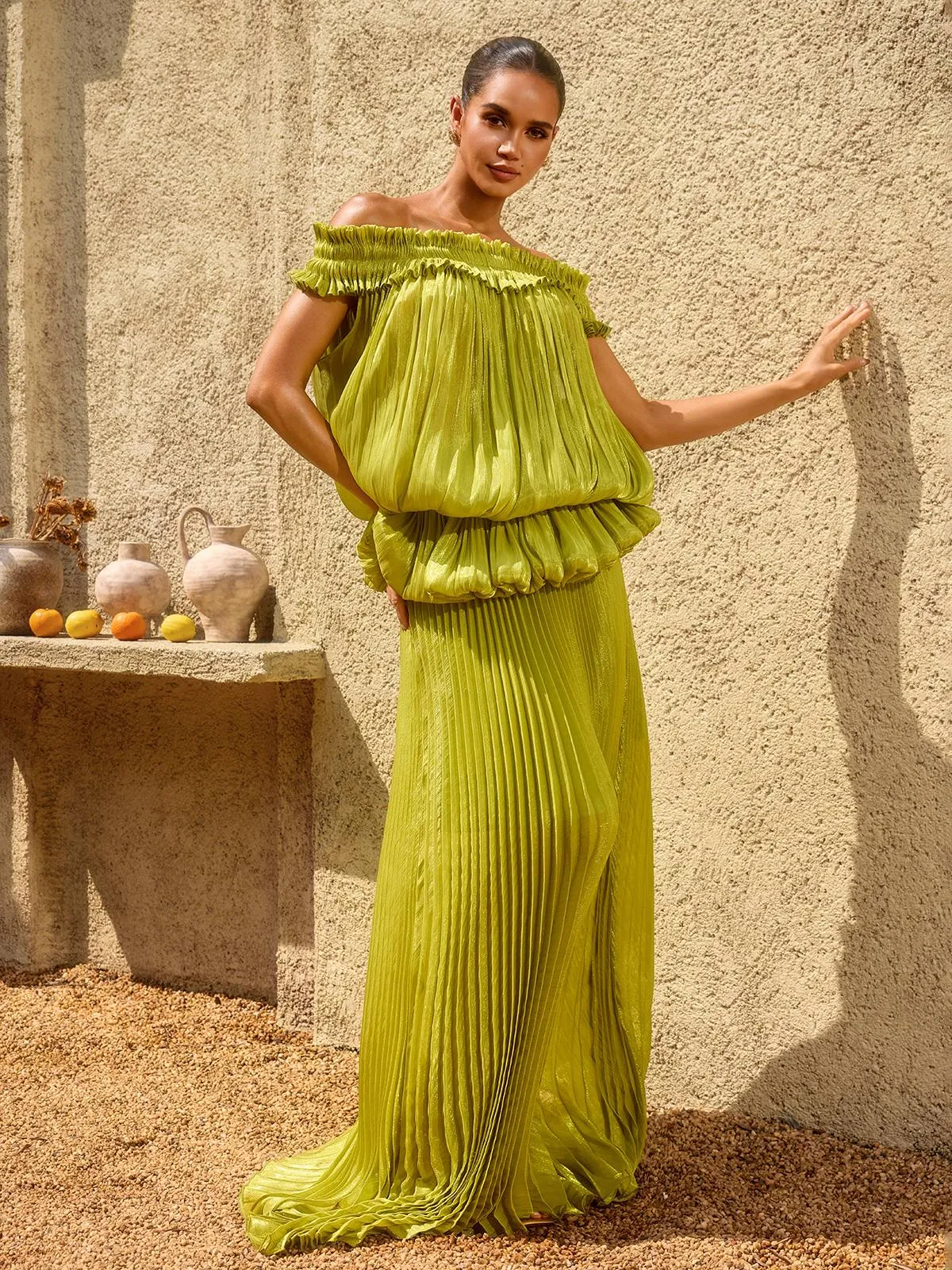 Salyxen Off Shoulder Maxi Skirt Set In Chartreuse sold by Mew Mews product image thumbnail 4