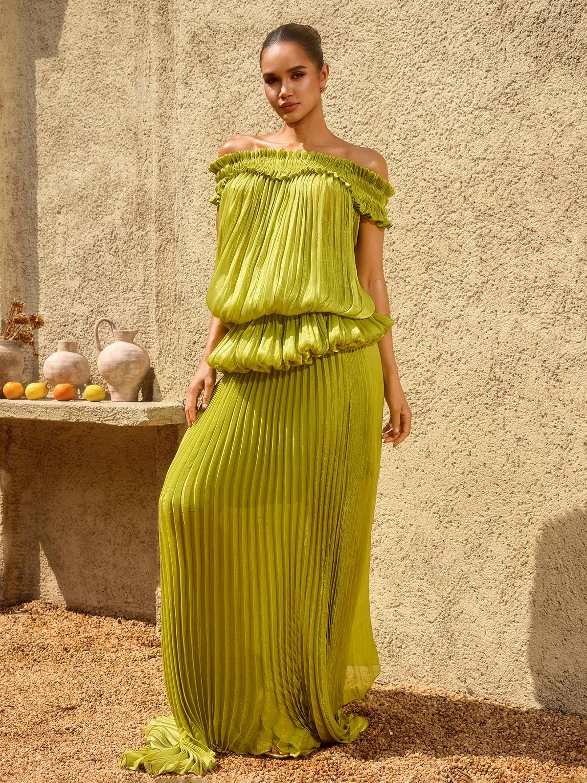 Salyxen Off Shoulder Maxi Skirt Set In Chartreuse sold by Mew Mews product image thumbnail 2