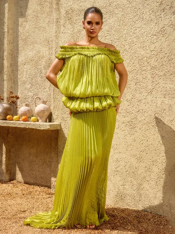 Salyxen Off Shoulder Maxi Skirt Set In Chartreuse made by Mew Mews