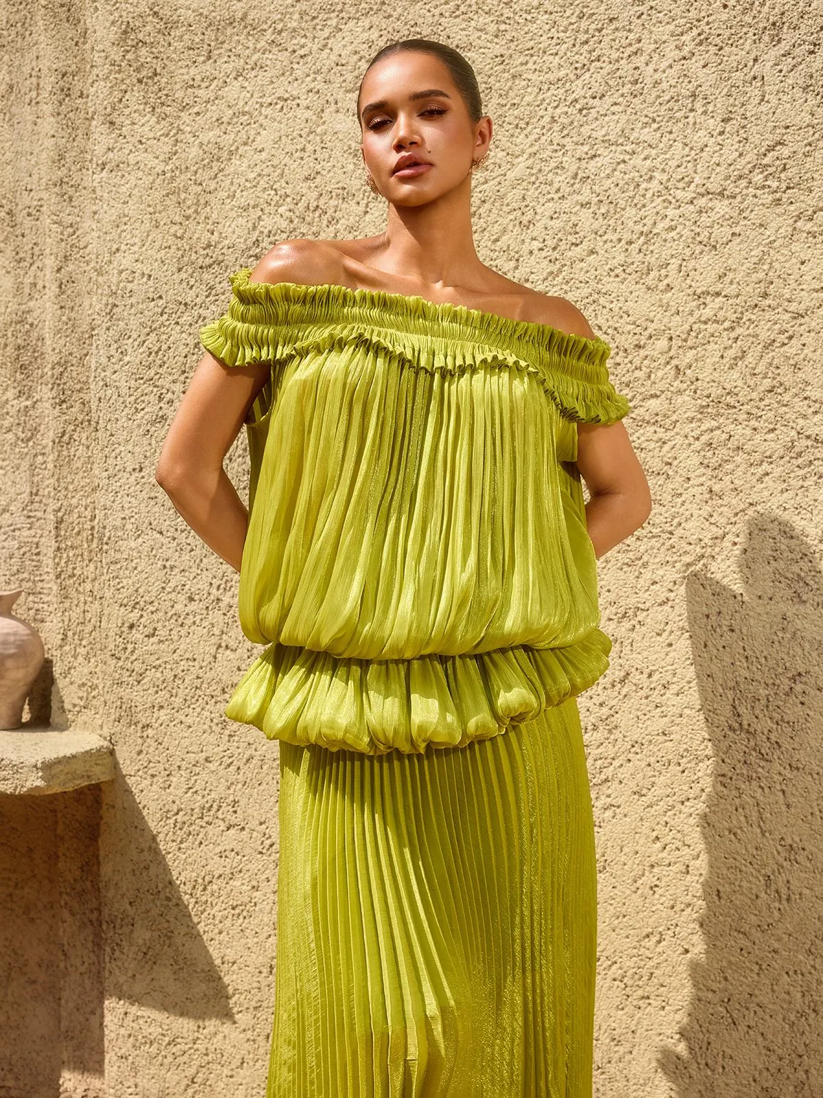 Salyxen Off Shoulder Maxi Skirt Set In Chartreuse sold by Mew Mews product image thumbnail 3