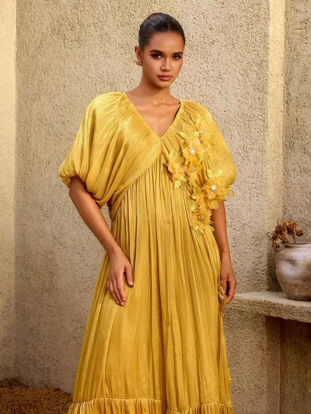 Corthiel Puff Sleeve Flower Ruched Maxi Dress sold by Mew Mews product image thumbnail 2