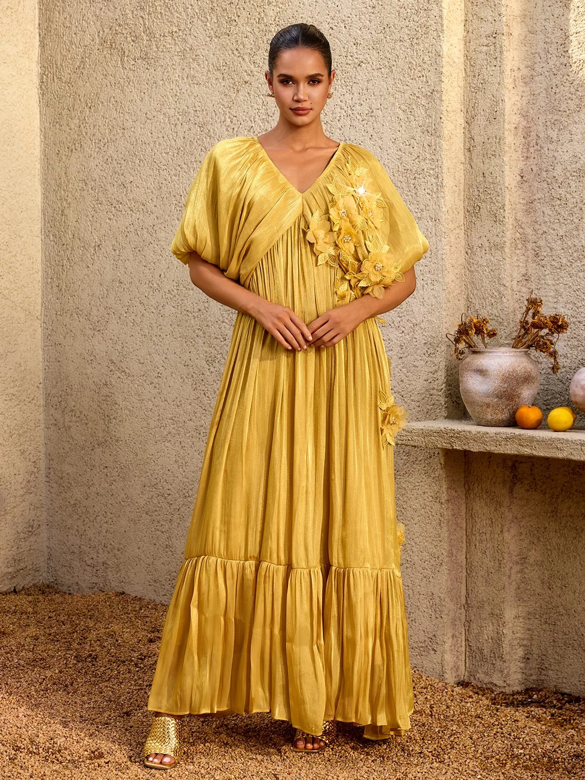 Corthiel Puff Sleeve Flower Ruched Maxi Dress sold by Mew Mews product image thumbnail 3