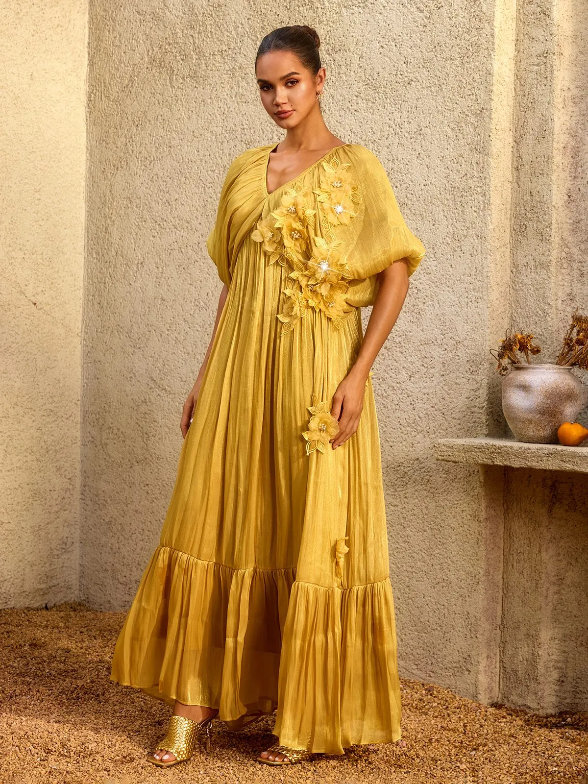 Corthiel Puff Sleeve Flower Ruched Maxi Dress sold by Mew Mews product image thumbnail 4