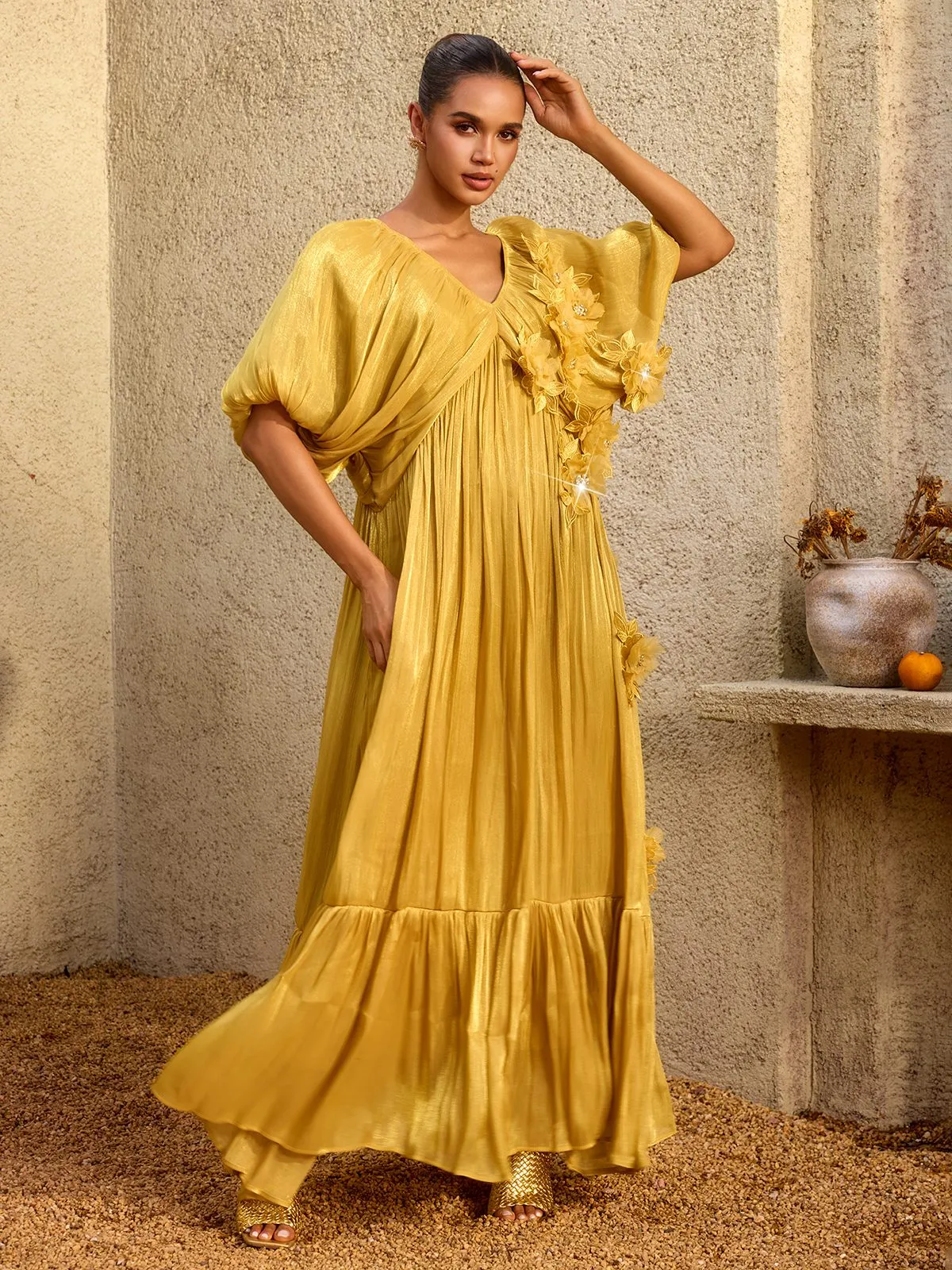Corthiel Puff Sleeve Flower Ruched Maxi Dress sold by Mew Mews product image thumbnail 5