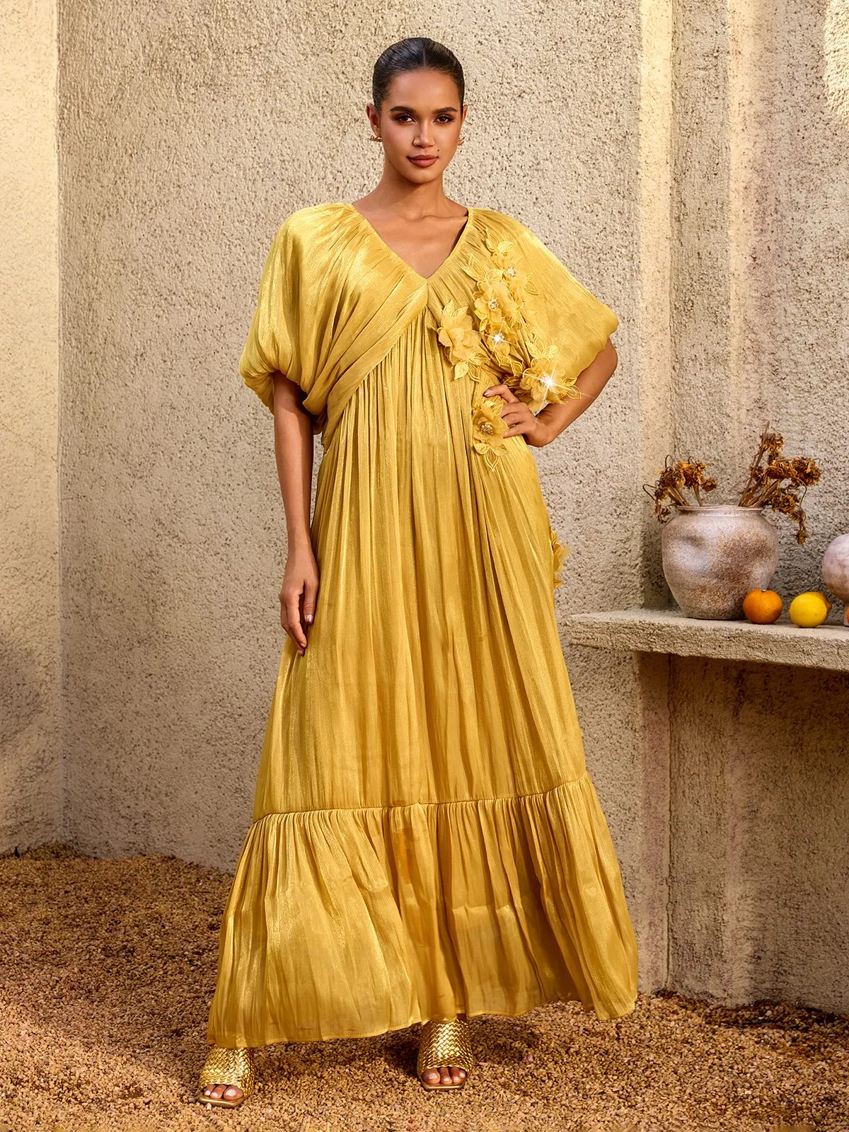 Corthiel Puff Sleeve Flower Ruched Maxi Dress sold by Mew Mews