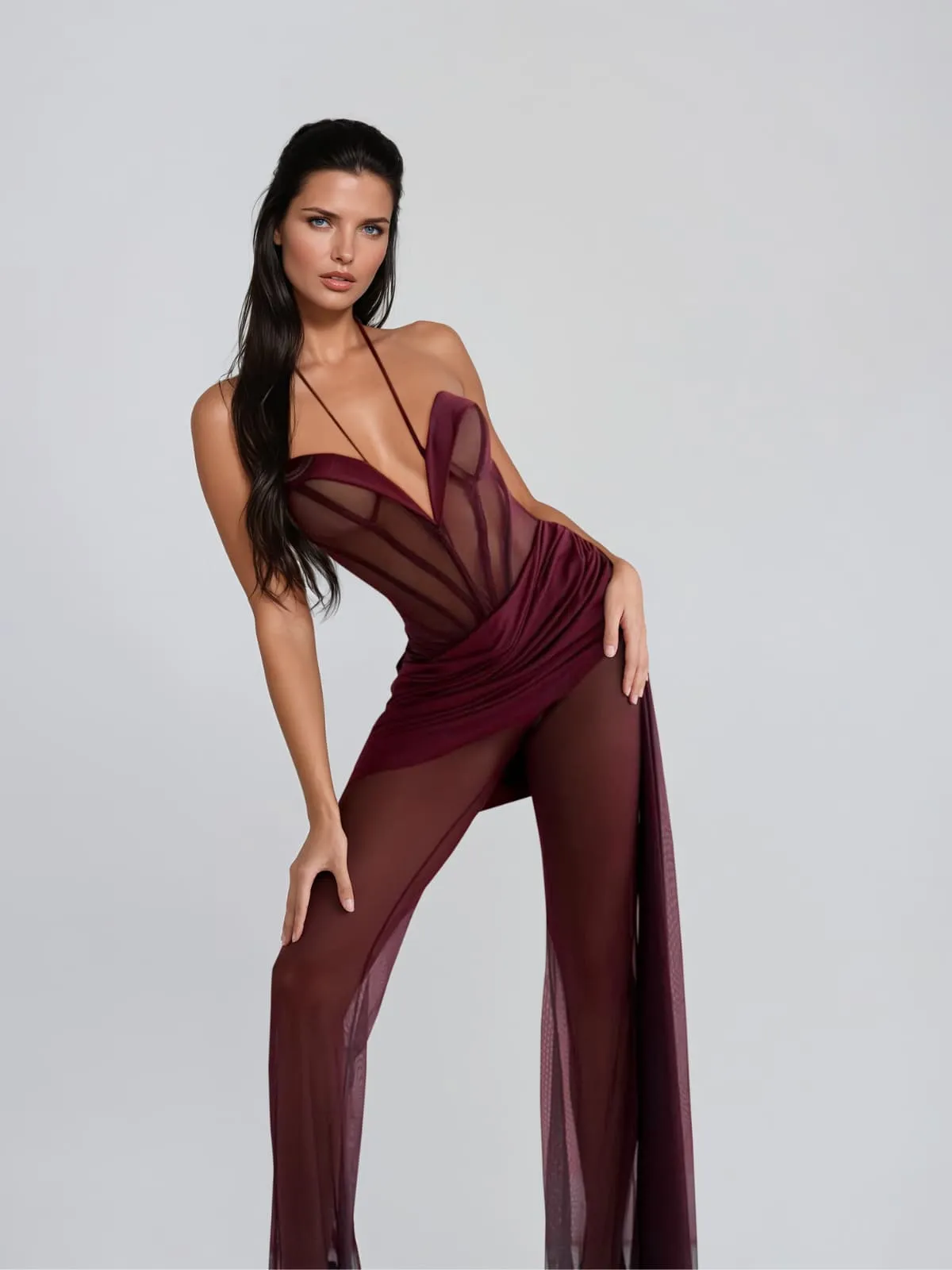 Lavryn Halterneck Mesh Draped Jumpsuit In Wine sold by Mew Mews product image thumbnail 2